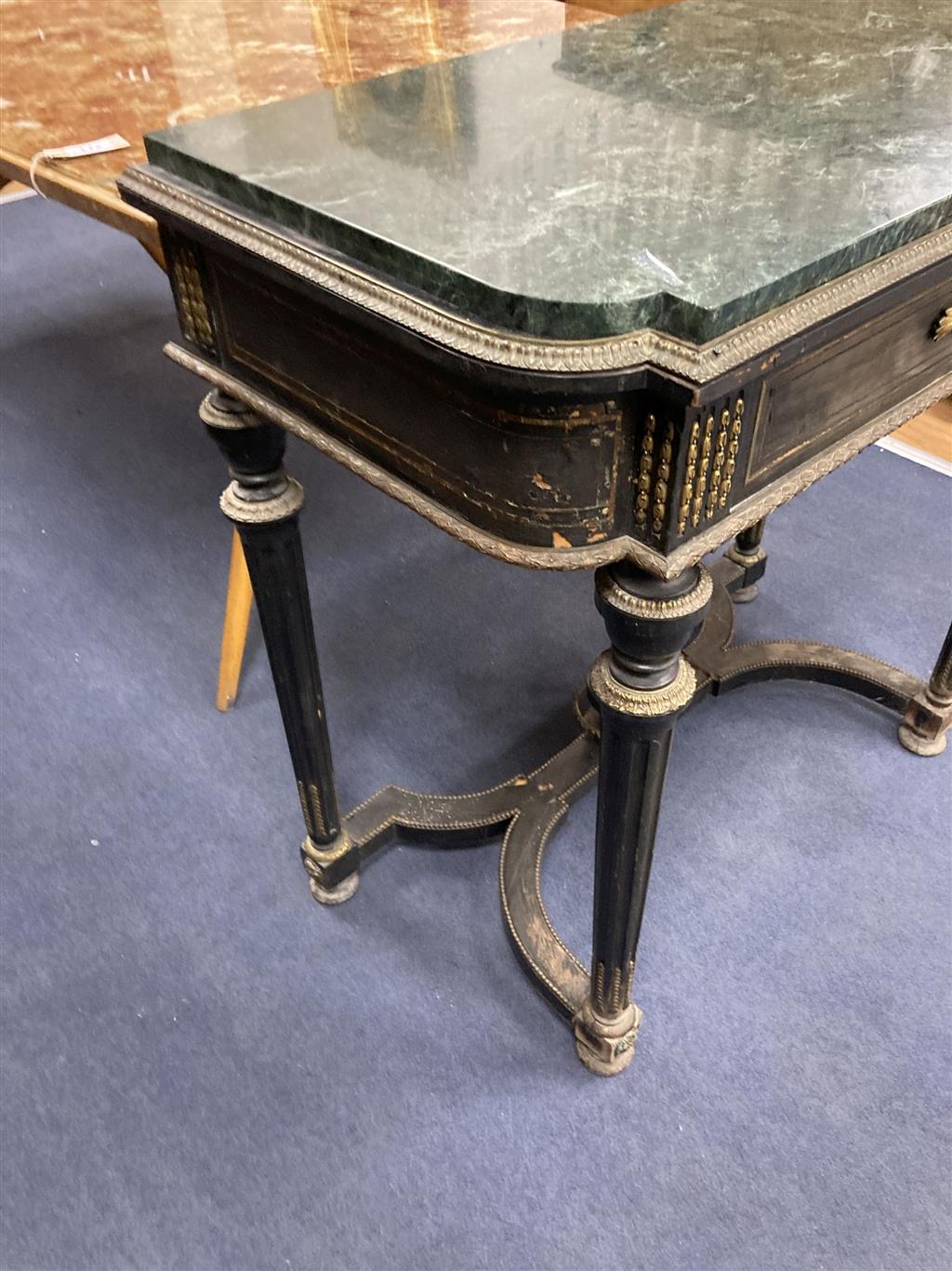 A 19th century French ebonised marble top jardiniere table, width 88cm, depth 48cm, height 86cm